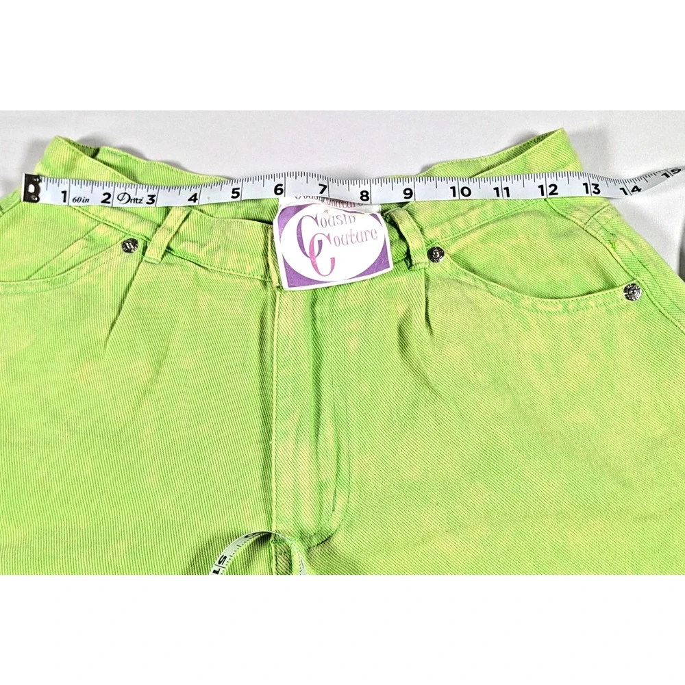 Cousin Couture Acid Wash Denim Shorts High Waisted Fringe Hem Small S Neon Green